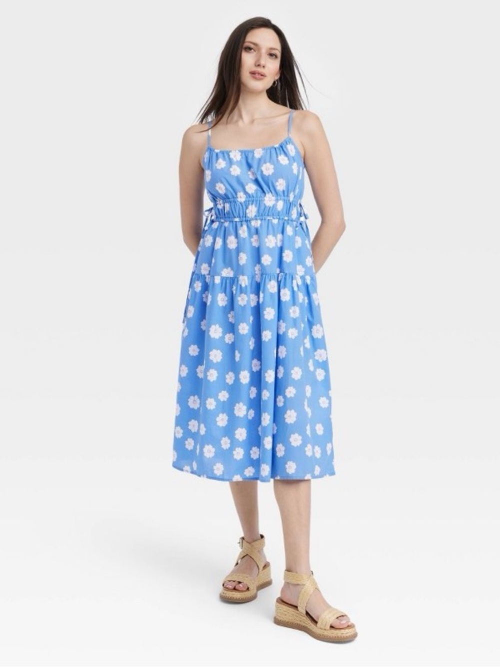 Blue Floral Side Tied Midi Sun Dress